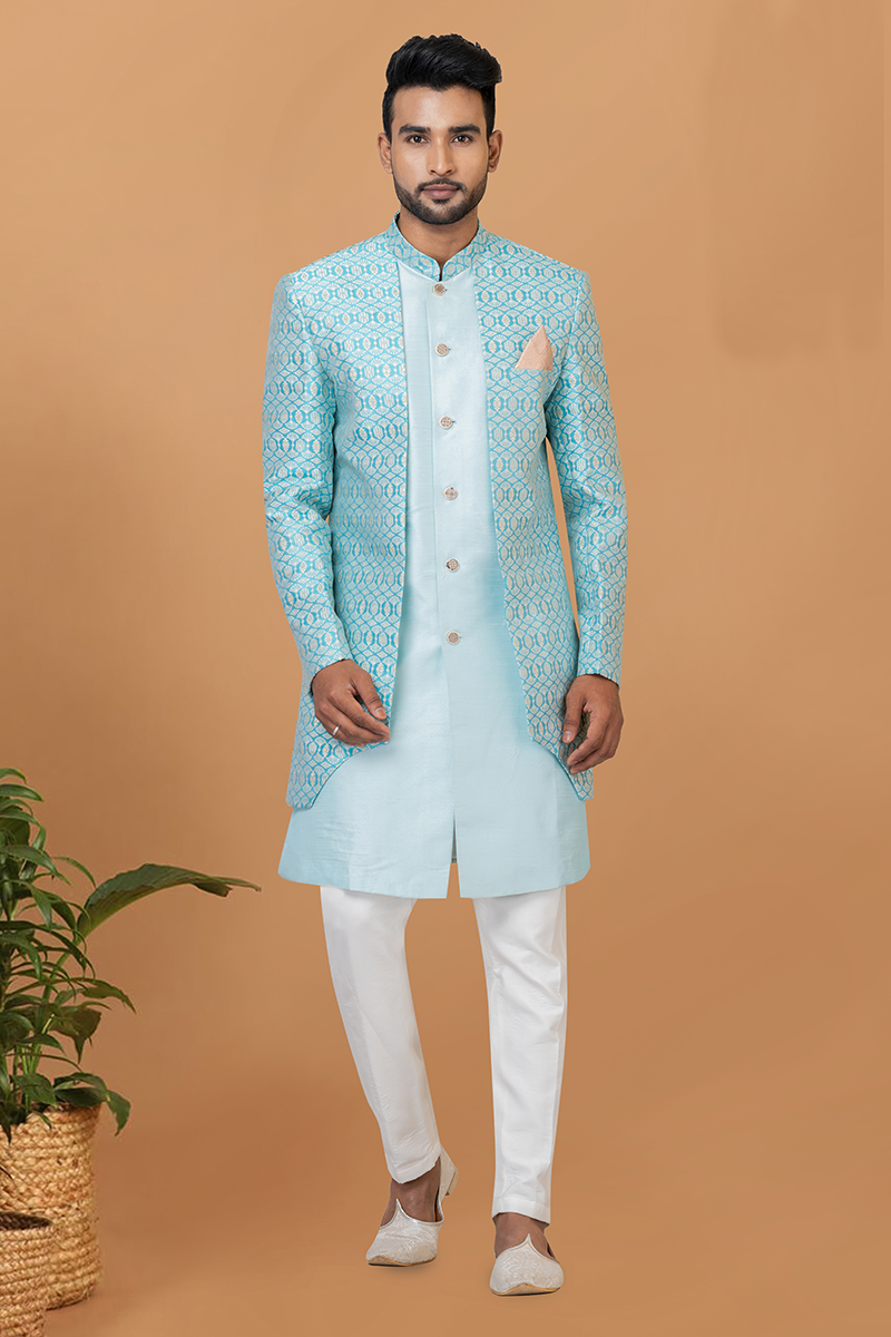 Aesthetic Sky Blue and White Designer Men’s Indo-Western Sets for Engagement, Wedding, and Reception