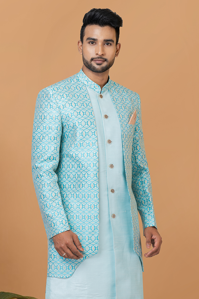 Aesthetic Sky Blue and White Designer Men’s Indo-Western Sets for Engagement, Wedding, and Reception