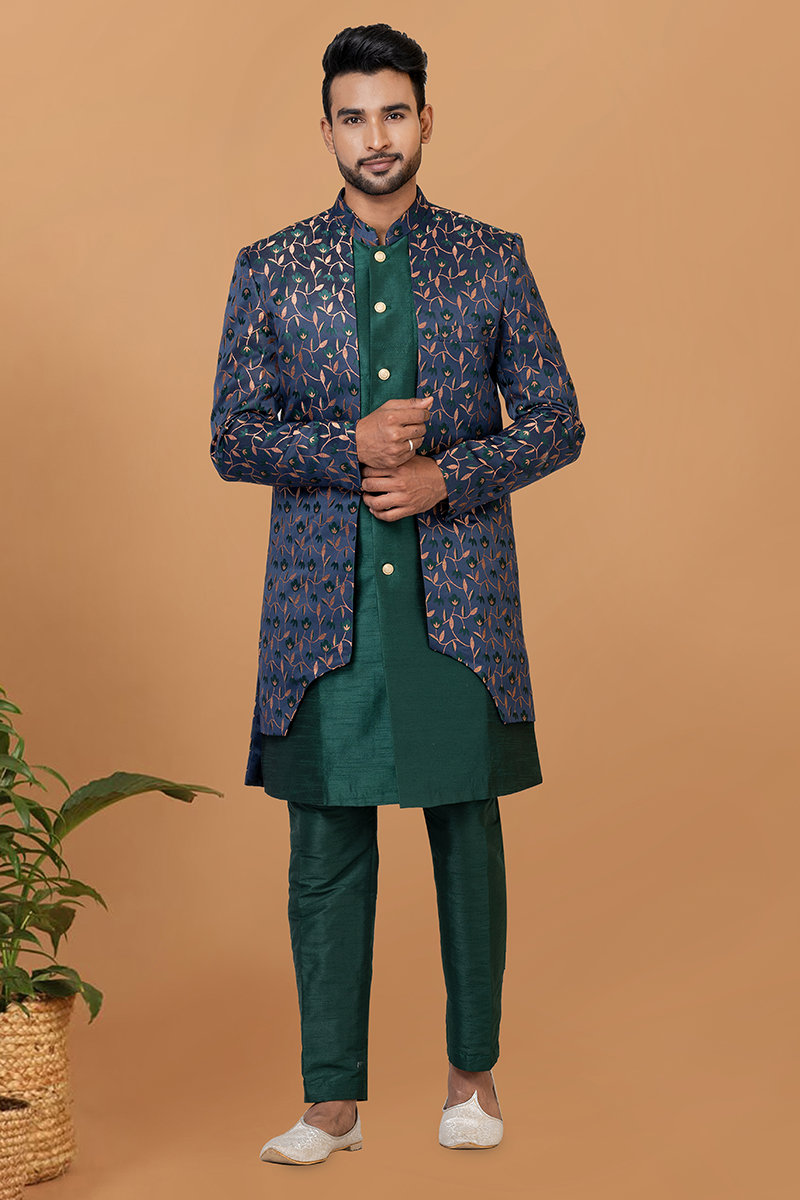 Charismatic Rama Green and Blue Designer Men’s Indo-Western Sets for Engagement, Wedding, and Reception