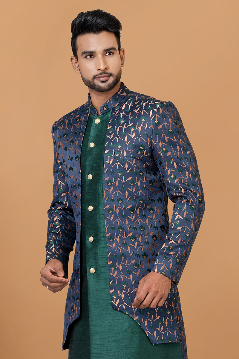 Charismatic Rama Green and Blue Designer Men’s Indo-Western Sets for Engagement, Wedding, and Reception