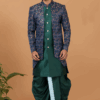 Spectacular Rama Green and Blue Designer Men’s Indo-Western Sets for Engagement, Wedding, and Reception