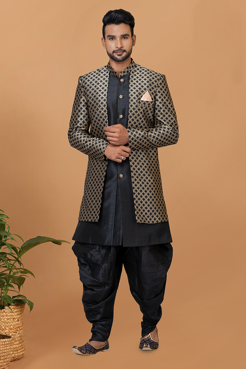 Appealing Black Designer Men’s Indo-Western Sets for Engagement, Reception, and Parties
