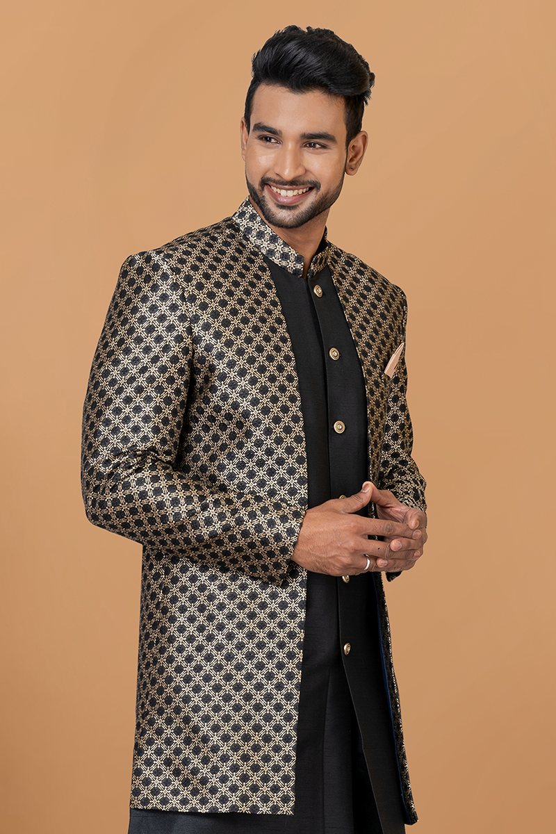 Appealing Black Designer Men’s Indo-Western Sets for Engagement, Reception, and Parties