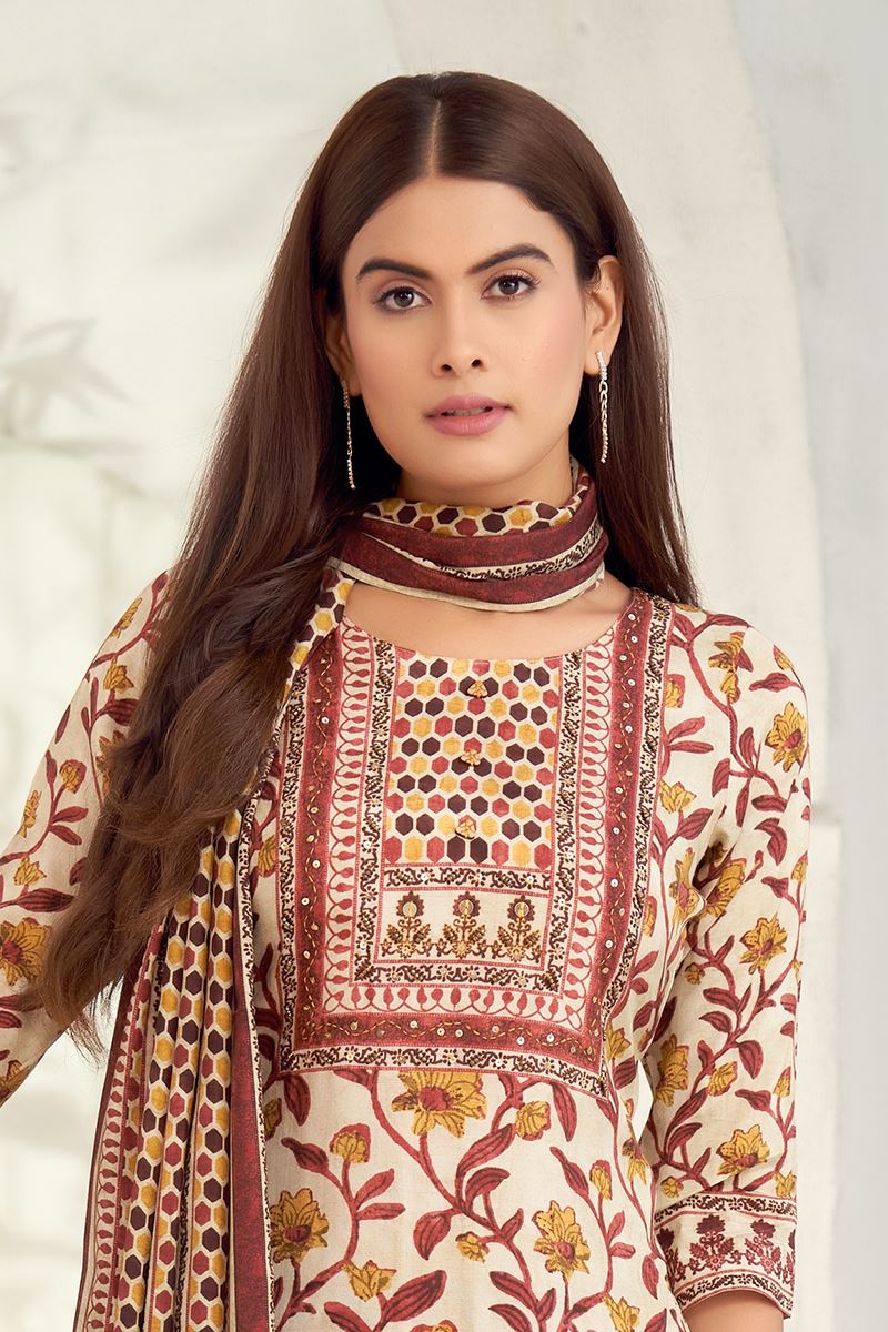 Gorgeous Off-White and Maroon Designer Straight Cut Suit for Festivals, Sangeet, and Parties