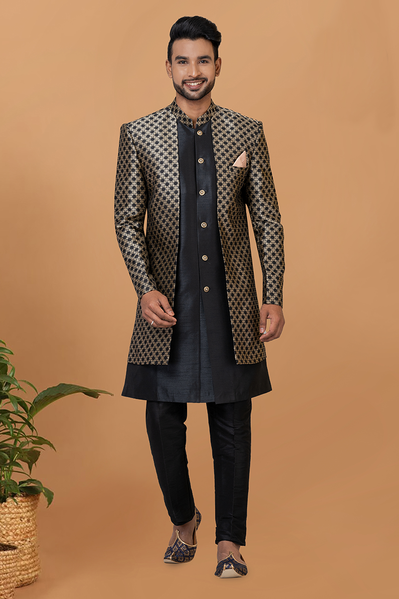Fashionable Black Designer Men’s Indo-Western Sets for Engagement, Reception, and Parties