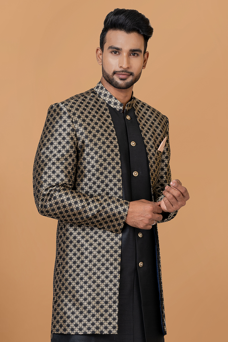 Fashionable Black Designer Men’s Indo-Western Sets for Engagement, Reception, and Parties