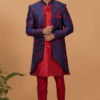 Delightful Red and Navy Blue Designer Men’s Indo-Western Sets for Engagement, Wedding, and Reception