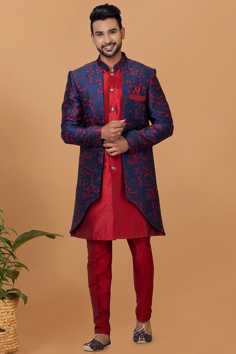Delightful Red and Navy Blue Designer Men’s Indo-Western Sets for Engagement, Wedding, and Reception