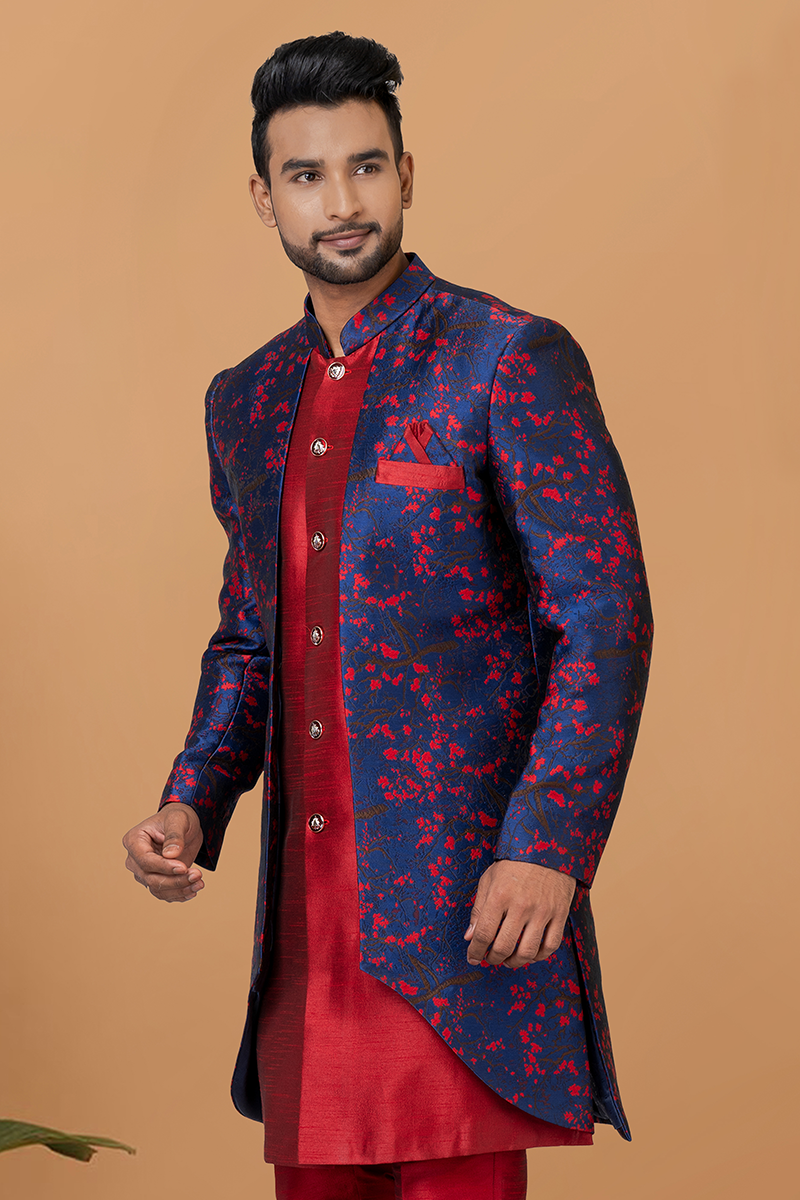 Delightful Red and Navy Blue Designer Men’s Indo-Western Sets for Engagement, Wedding, and Reception