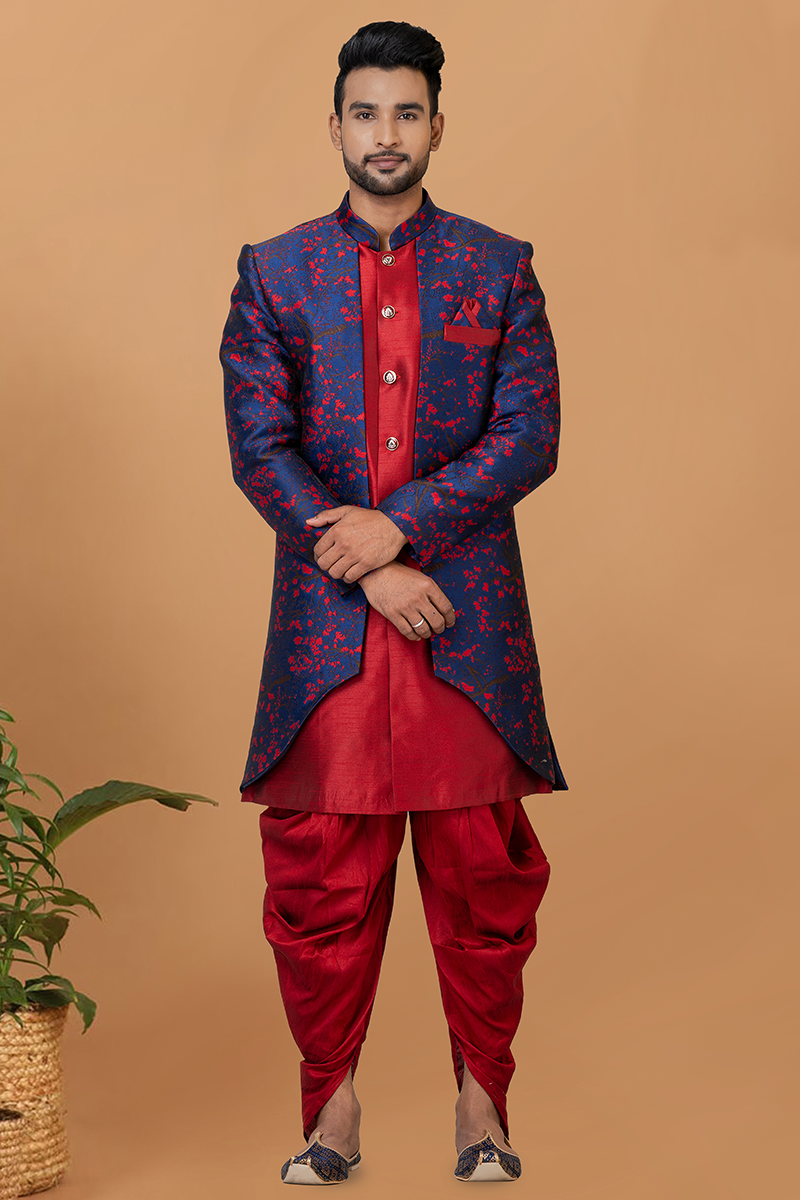 Exquisite Red and Navy Blue Designer Men’s Indo-Western Sets for Engagement, Wedding, and Reception