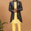 Charming Yellow and Navy Blue Designer Men’s Indo-Western Sets for Haldi, Engagement, Wedding, and Reception