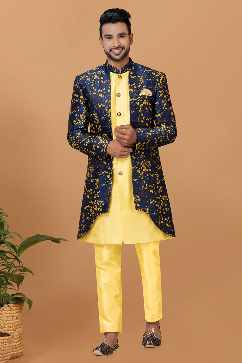 Charming Yellow and Navy Blue Designer Men’s Indo-Western Sets for Haldi, Engagement, Wedding, and Reception