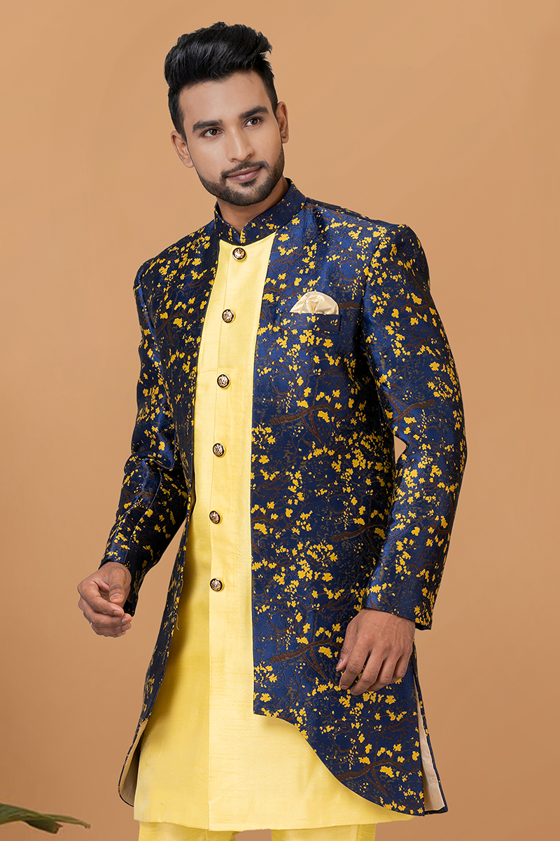Charming Yellow and Navy Blue Designer Men’s Indo-Western Sets for Haldi, Engagement, Wedding, and Reception
