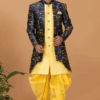 Exuberant Yellow and Navy Blue Designer Men’s Indo-Western Sets for Haldi, Engagement, Wedding, and Reception