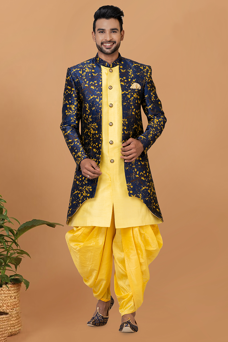 Exuberant Yellow and Navy Blue Designer Men’s Indo-Western Sets for Haldi, Engagement, Wedding, and Reception