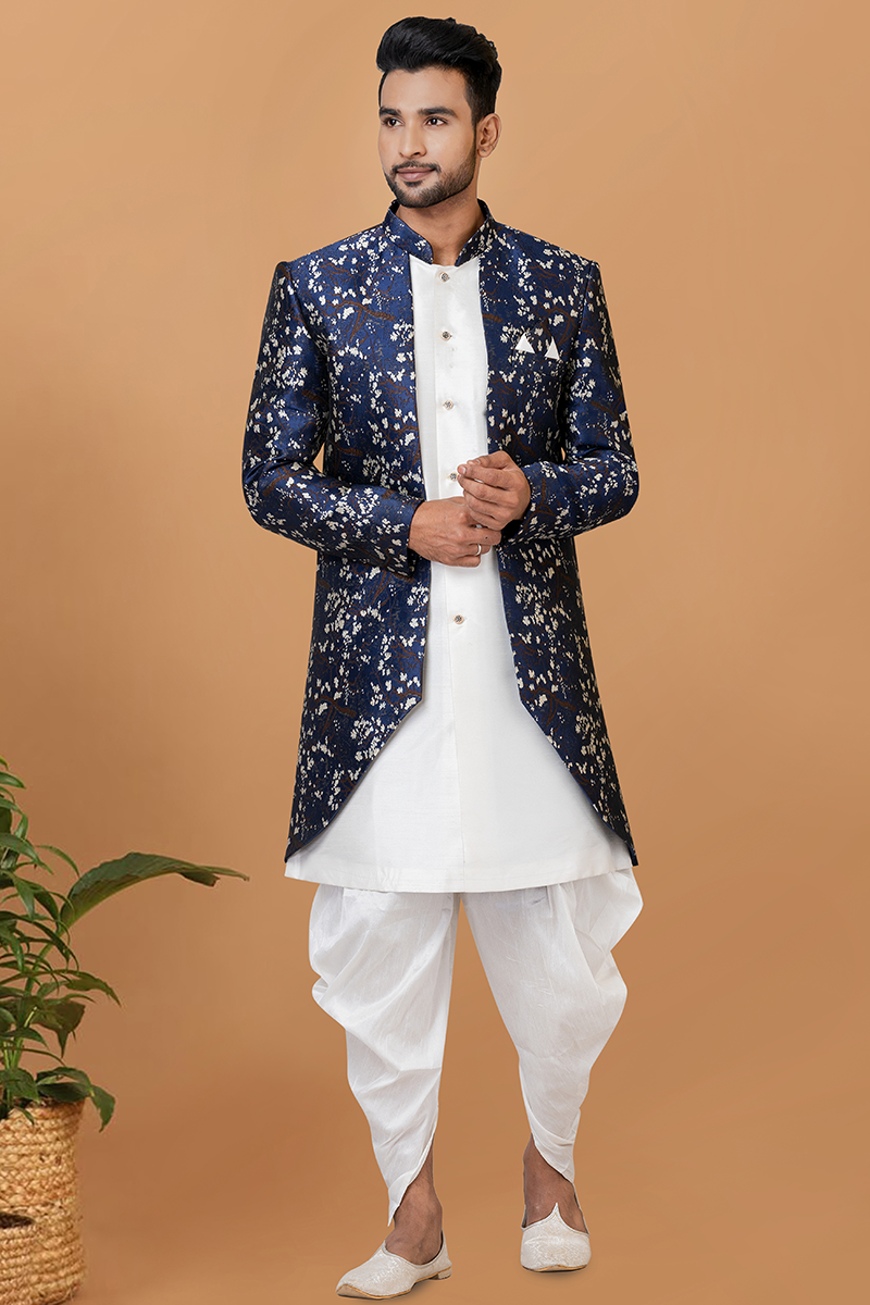 Classy White and Navy Blue Designer Men’s Indo-Western Sets for Engagement, Festivals, and Reception