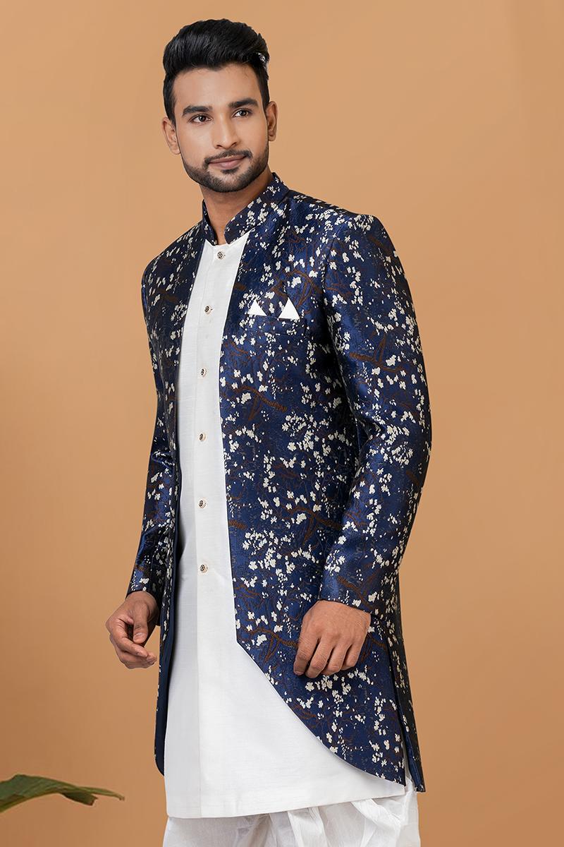 Classy White and Navy Blue Designer Men’s Indo-Western Sets for Engagement, Festivals, and Reception