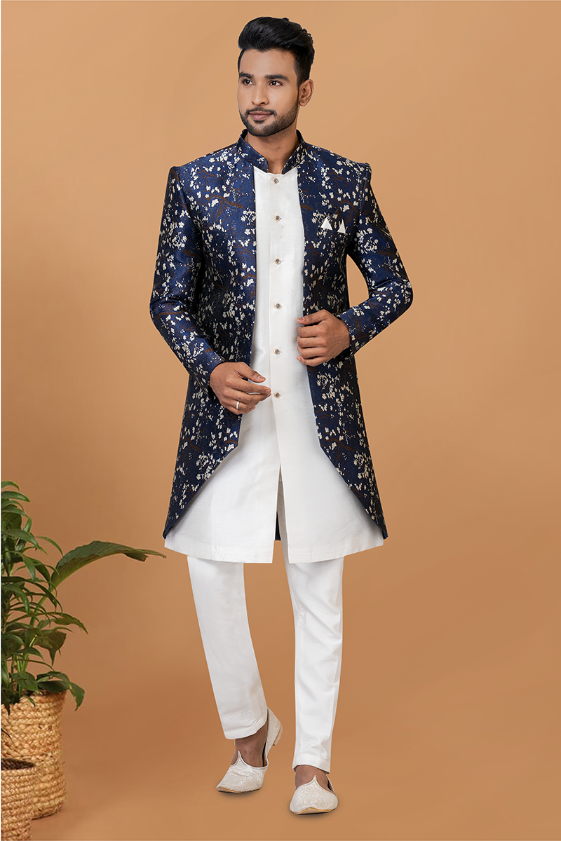 Artistic White and Navy Blue Designer Men’s Indo-Western Sets for Engagement, Festivals, and Reception