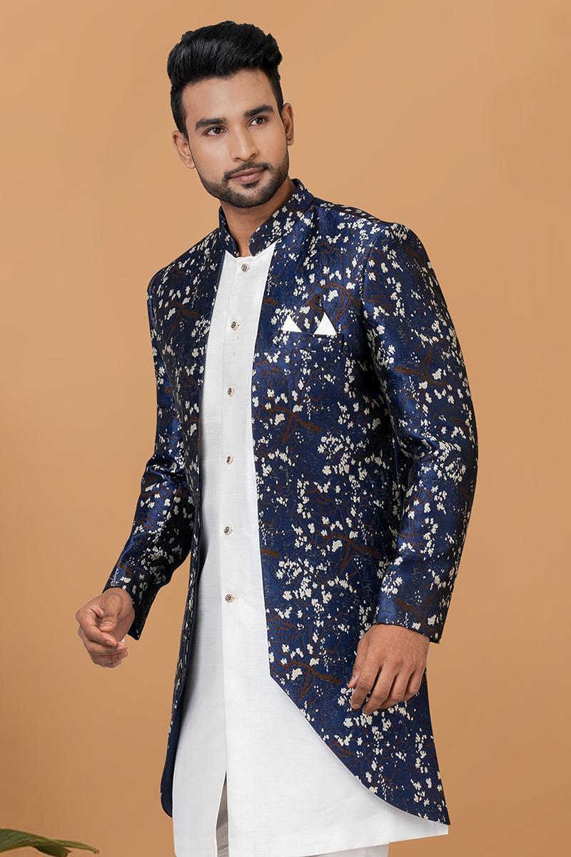 Artistic White and Navy Blue Designer Men’s Indo-Western Sets for Engagement, Festivals, and Reception