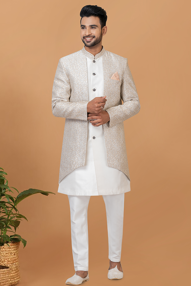 Enticing Off-White and Beige Designer Men’s Indo-Western Sets for Engagement, Festivals, and Reception