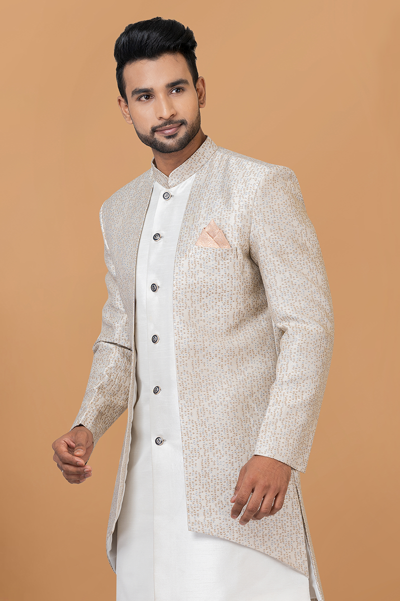 Enticing Off-White and Beige Designer Men’s Indo-Western Sets for Engagement, Festivals, and Reception