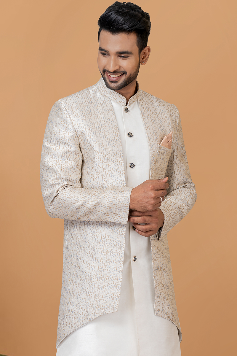 Splendid Off-White and Beige Designer Men’s Indo-Western Sets for Engagement, Festivals, and Reception