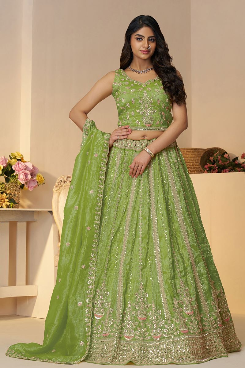 Exuberant Green Designer Indo-Western Lehenga Choli for Engagement, Reception, and Mehendi
