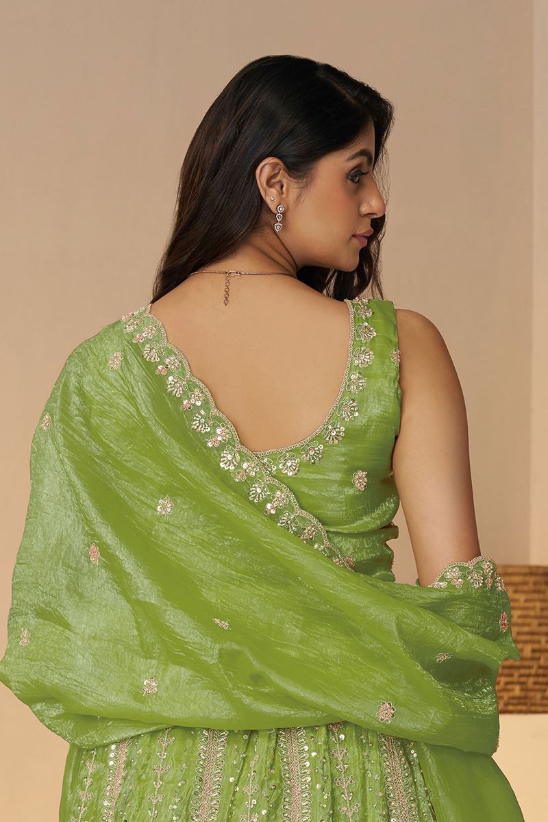 Exuberant Green Designer Indo-Western Lehenga Choli for Engagement, Reception, and Mehendi