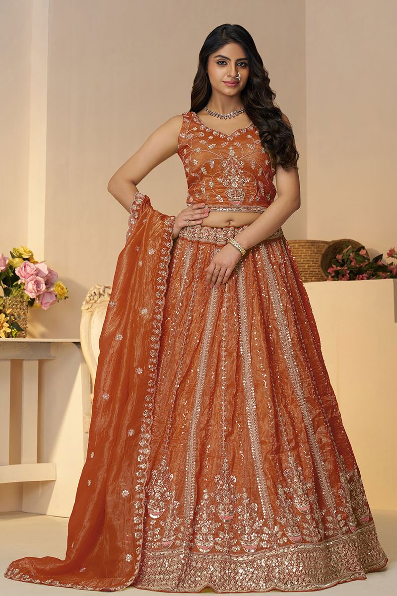 Ethnic Orange Designer Indo-Western Lehenga Choli for Engagement, Reception, and Wedding