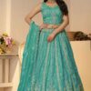 Enticing Sky Blue Designer Indo-Western Lehenga Choli for Engagement, Reception, and Wedding