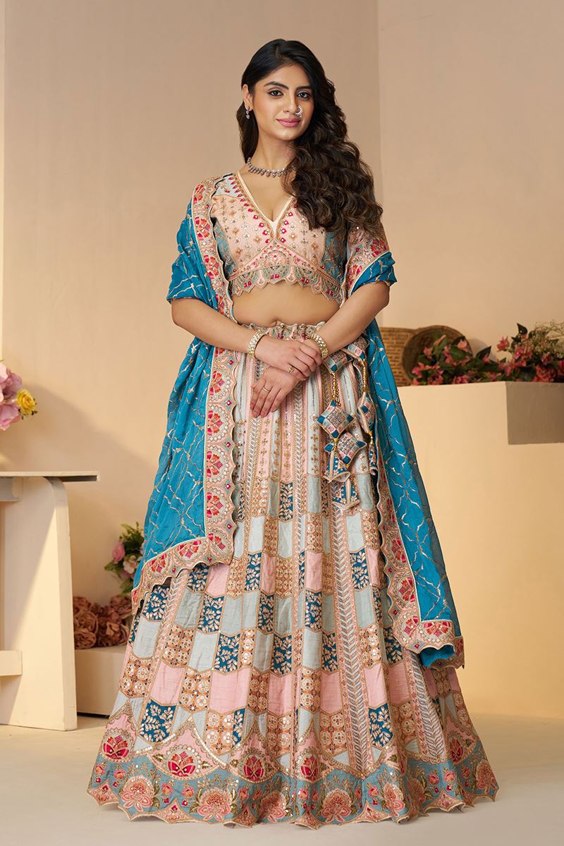 Gorgeous Sky Blue and Peach Designer Bridal Lehenga Choli for Engagement, Reception, and Pre-Wedding Shoot