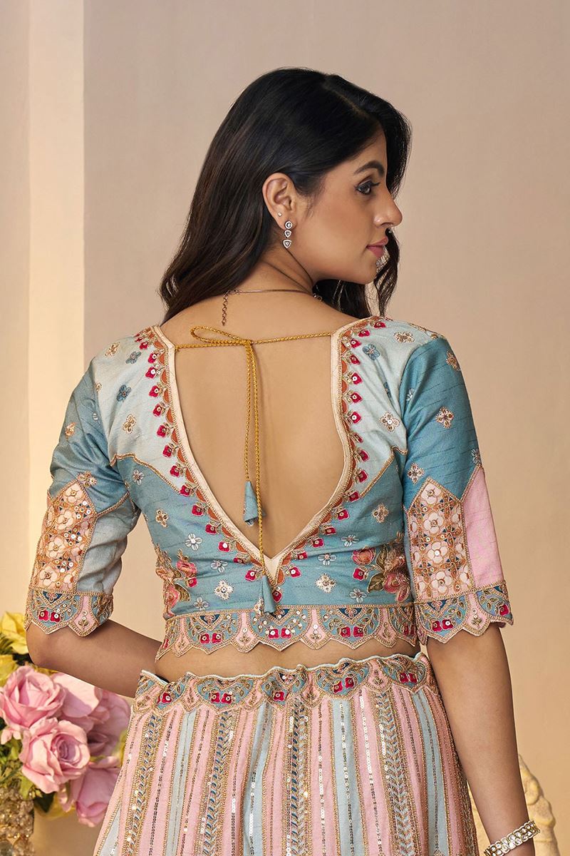 Gorgeous Sky Blue and Peach Designer Bridal Lehenga Choli for Engagement, Reception, and Pre-Wedding Shoot