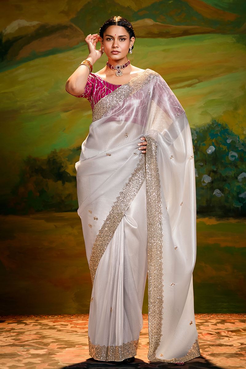 Artistic Organza Designer Saree for Festivals, Sangeet, and Parties