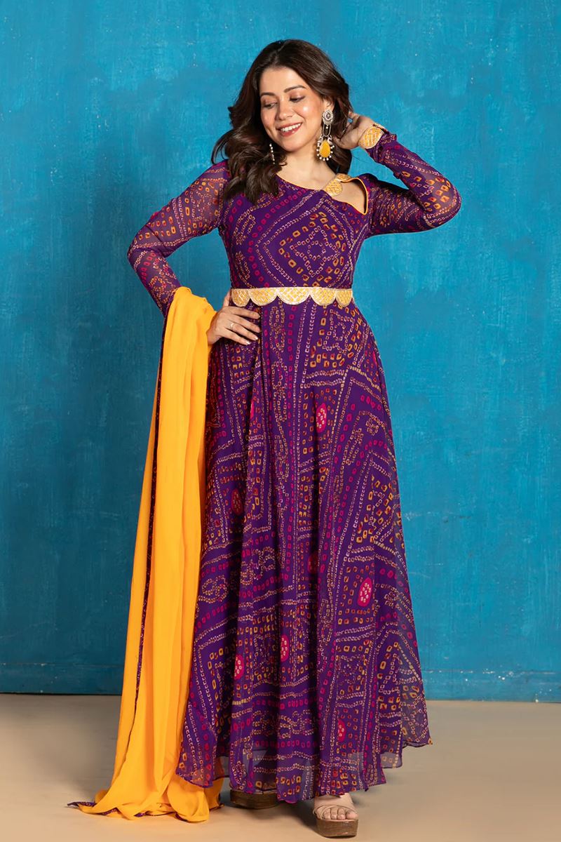 Astounding Purple Georgette Designer Anarkali Suit for Festivals, Sangeet, and Parties