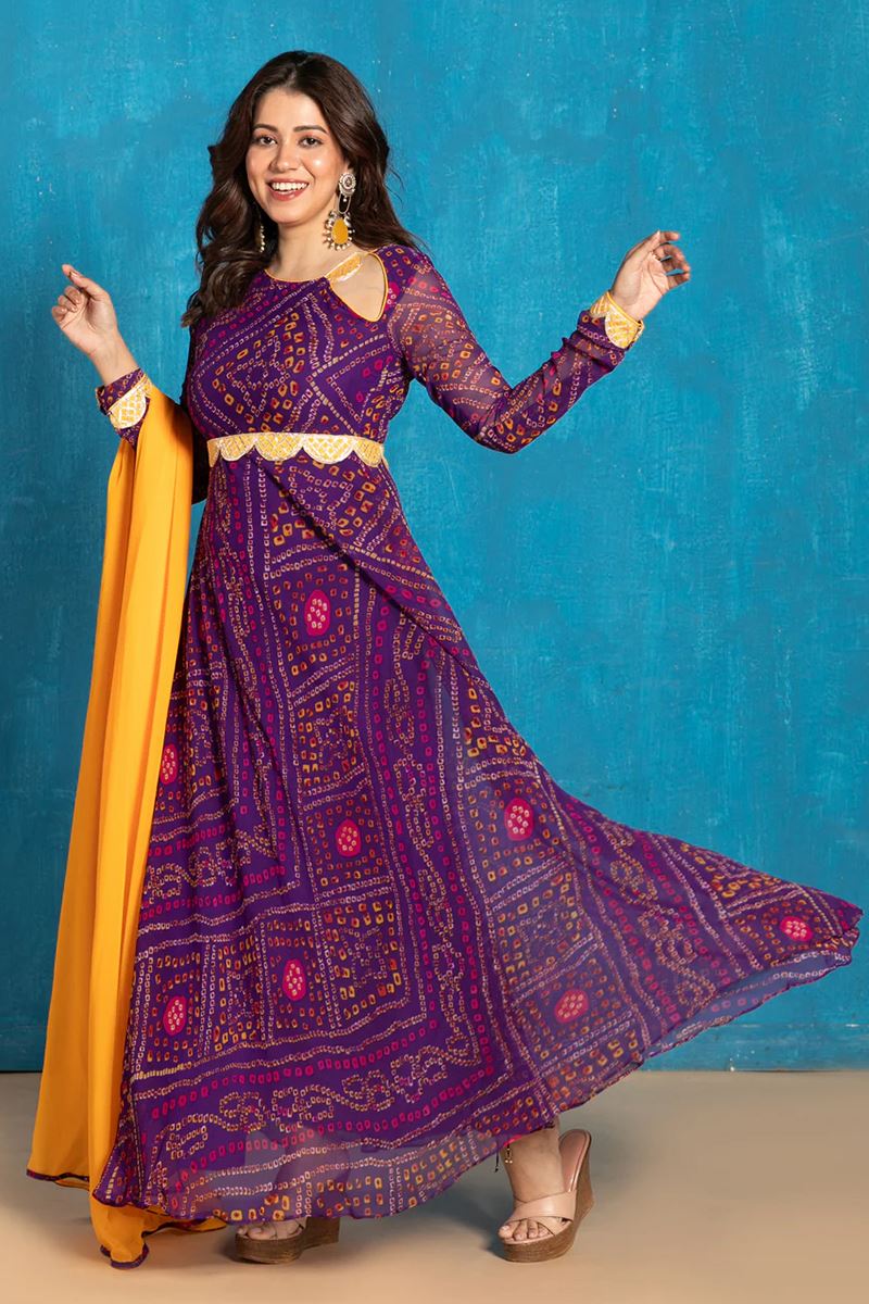 Astounding Purple Georgette Designer Anarkali Suit for Festivals, Sangeet, and Parties