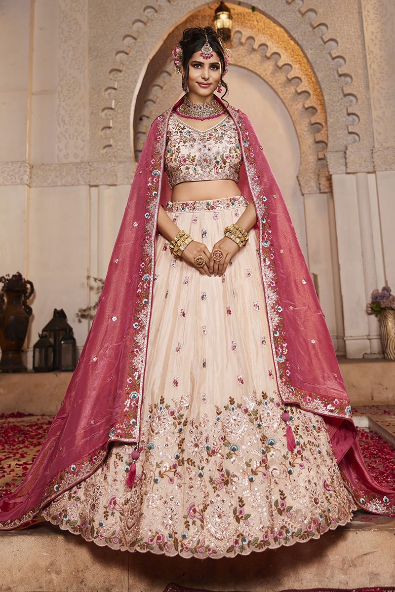 Ethnic Cream Designer Indo-Western Lehenga Choli for Engagement and Reception