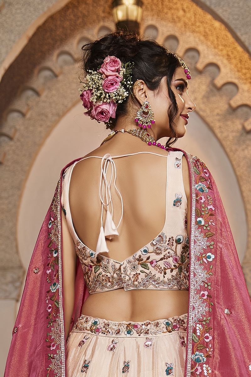 Ethnic Cream Designer Indo-Western Lehenga Choli for Engagement and Reception