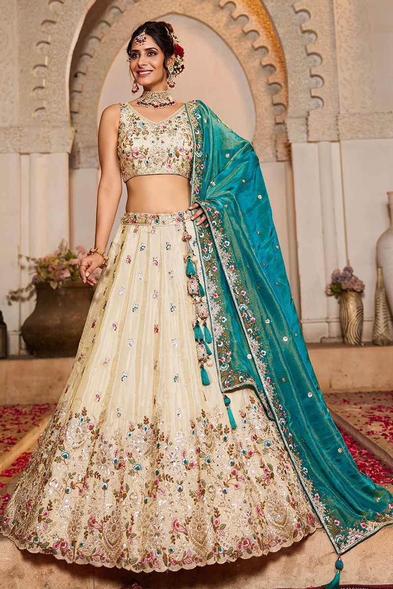 Exuberant Cream Designer Indo-Western Lehenga Choli for Engagement and Reception