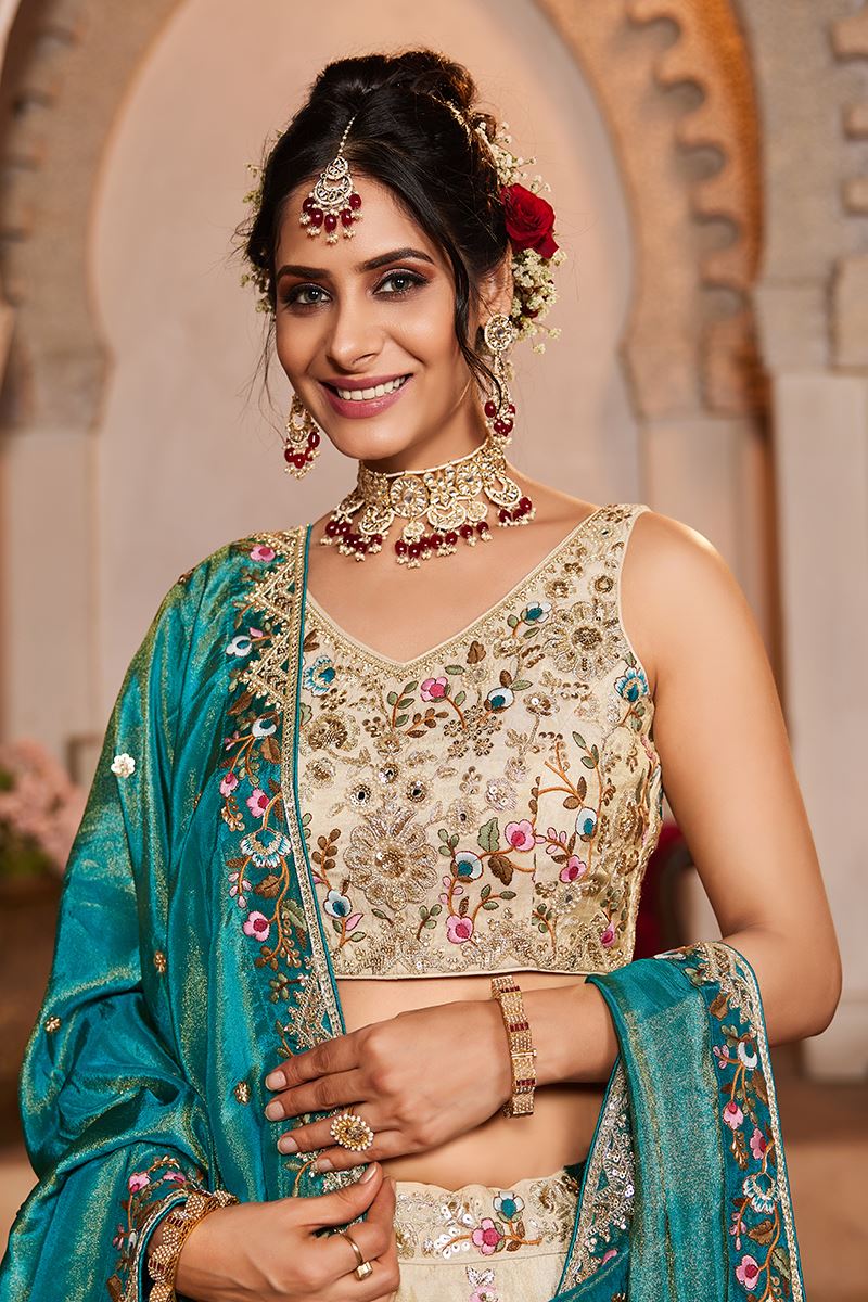 Exuberant Cream Designer Indo-Western Lehenga Choli for Engagement and Reception