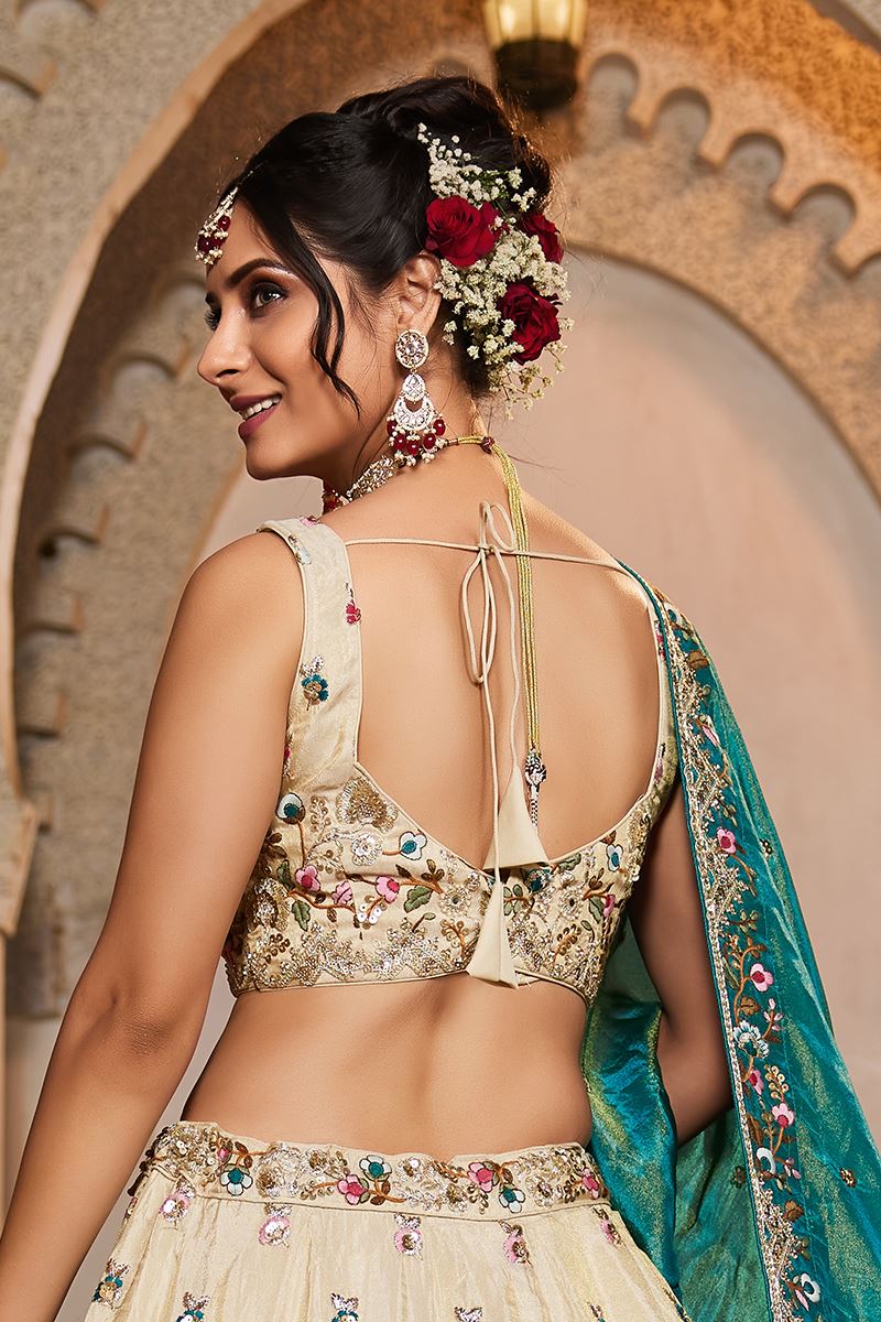 Exuberant Cream Designer Indo-Western Lehenga Choli for Engagement and Reception