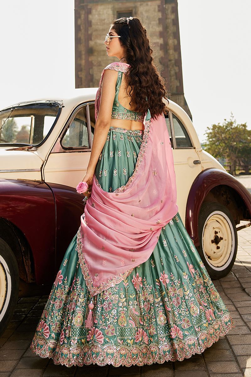 Outstanding Lime Green Designer Indo-Western Lehenga Choli for Engagement, Wedding, and Reception