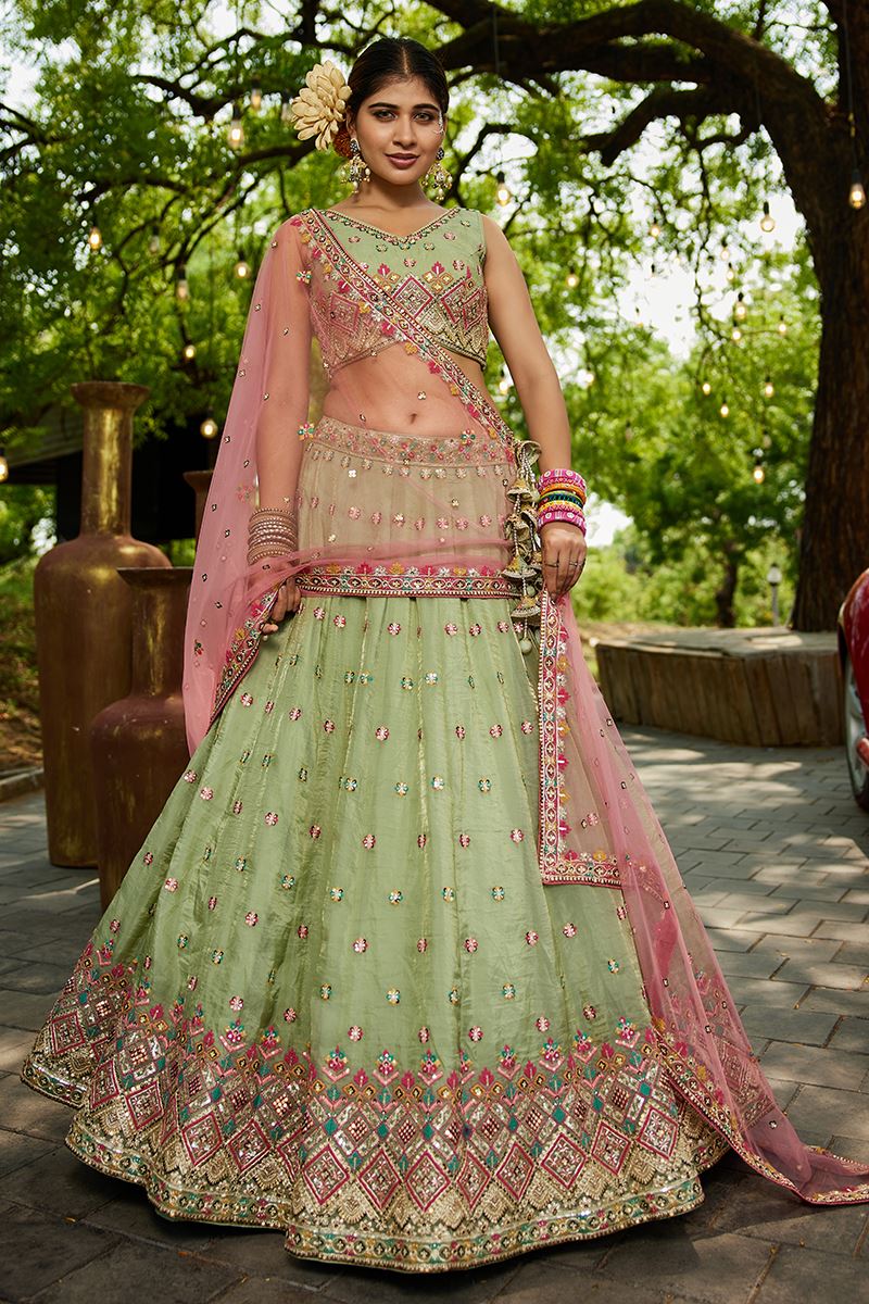 Mesmerizing Lime Green Designer Indo-Western Lehenga Choli for Engagement, Mehendi, and Reception
