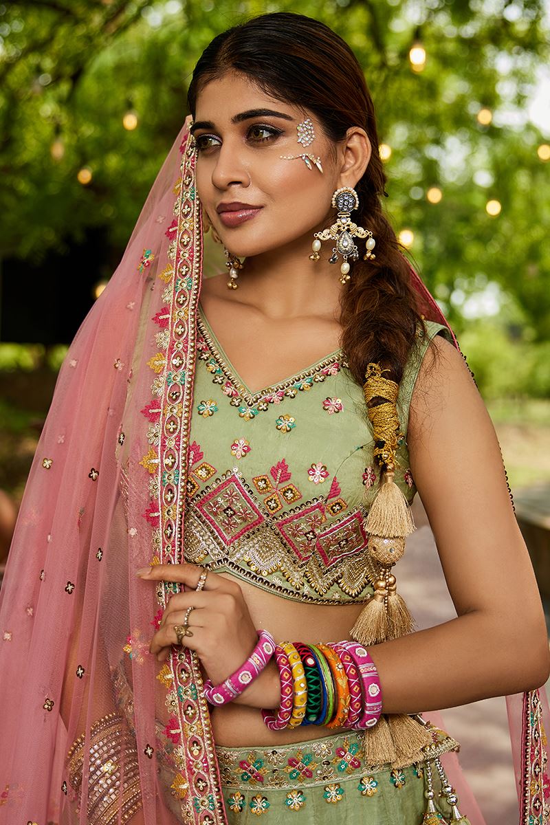 Mesmerizing Lime Green Designer Indo-Western Lehenga Choli for Engagement, Mehendi, and Reception