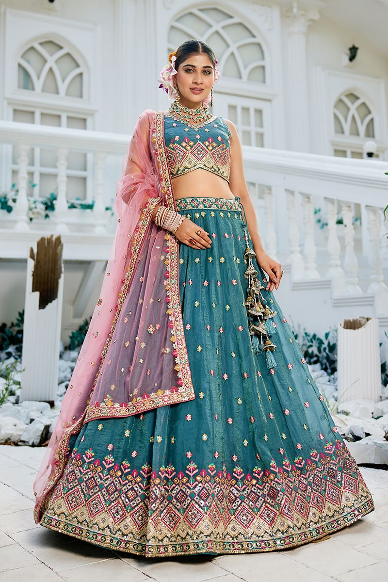 Classy Teal Designer Indo-Western Lehenga Choli for Engagement, Wedding, and Reception