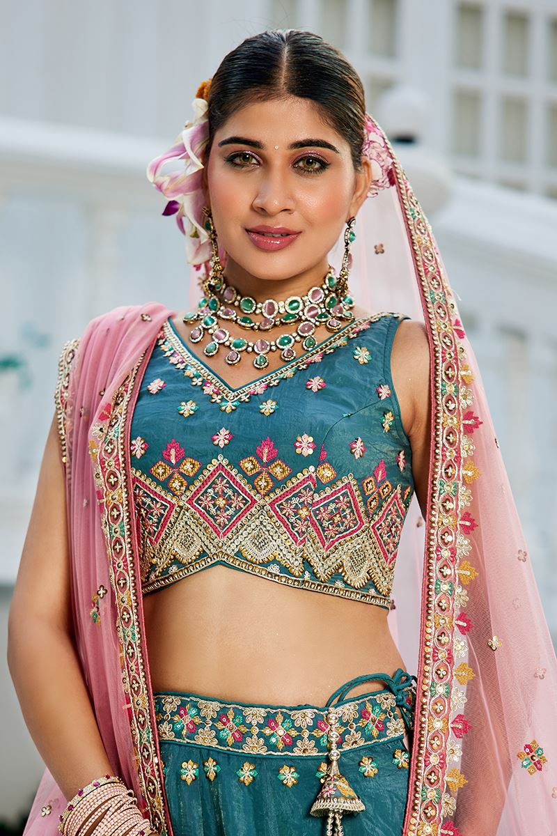 Classy Teal Designer Indo-Western Lehenga Choli for Engagement, Wedding, and Reception