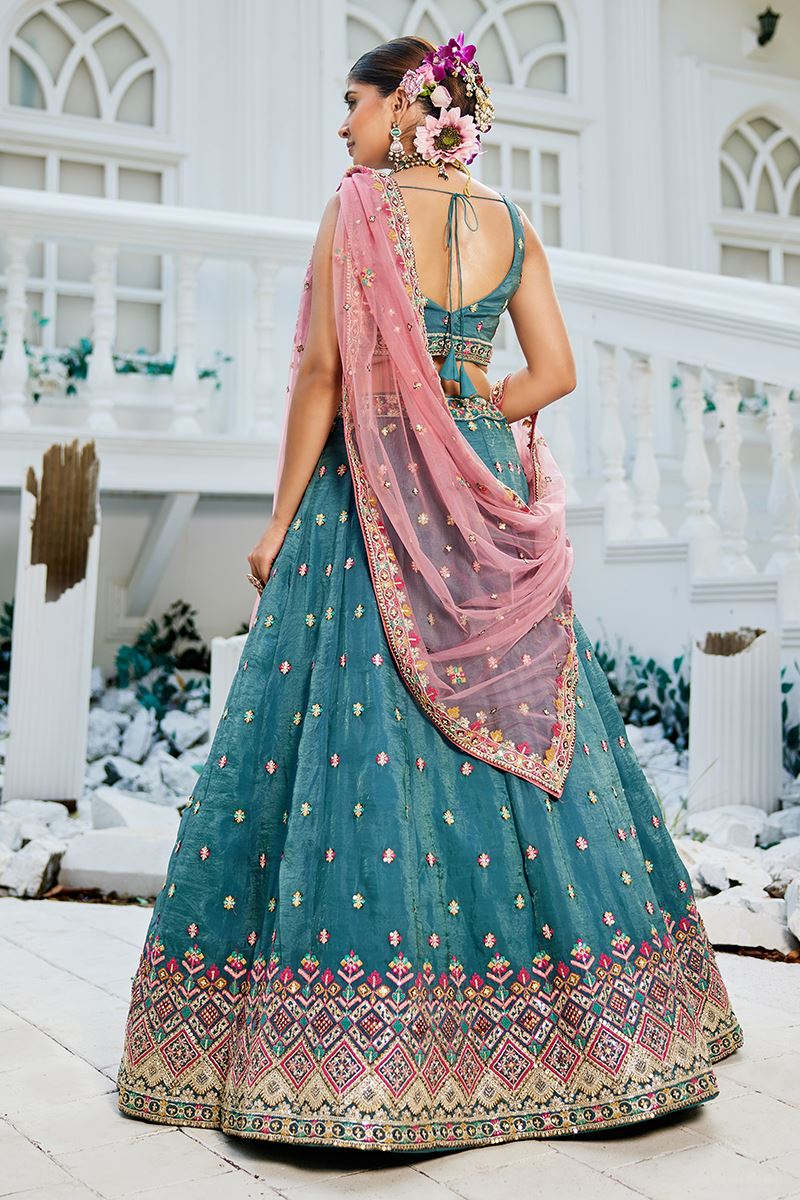 Classy Teal Designer Indo-Western Lehenga Choli for Engagement, Wedding, and Reception