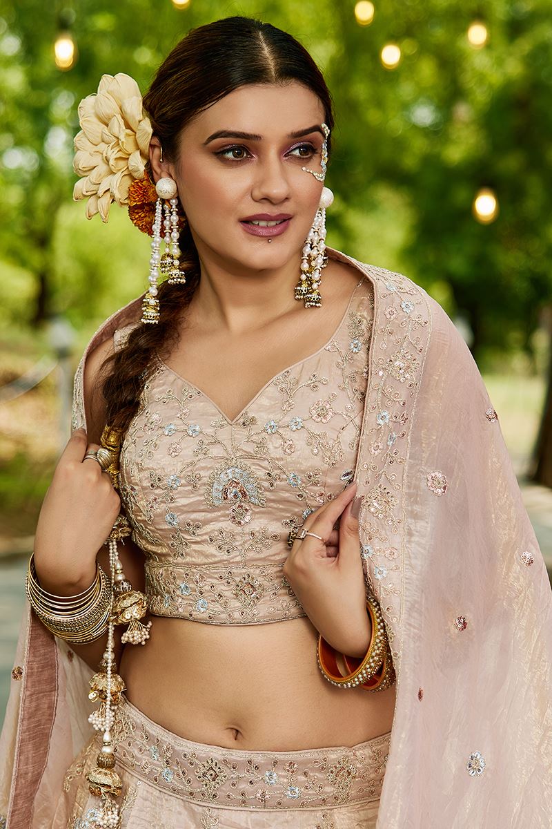 Pretty Golden Tissue Designer Indo-Western Lehenga Choli for Engagement, Sangeet, and Reception