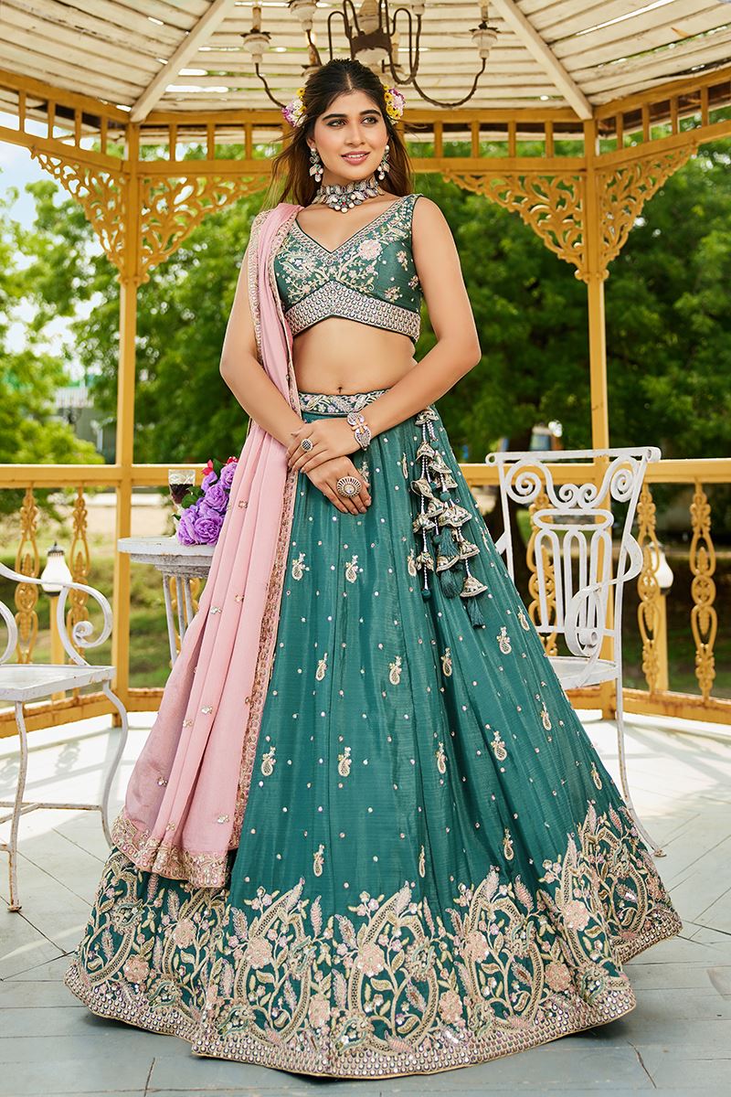 Delightful Teal Designer Indo-Western Lehenga Choli for Engagement, Wedding, and Reception