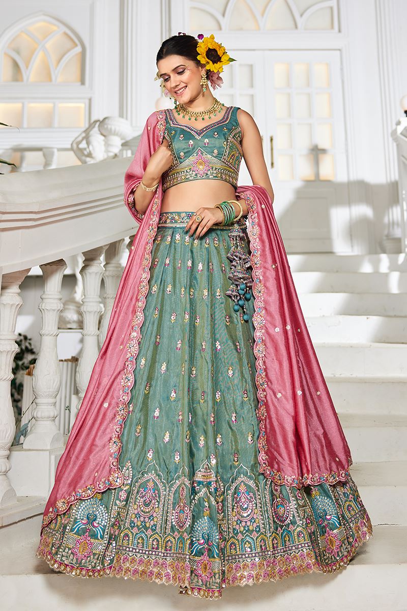 Charming Sea Green Designer Indo-Western Lehenga Choli for Engagement, Wedding, and Reception