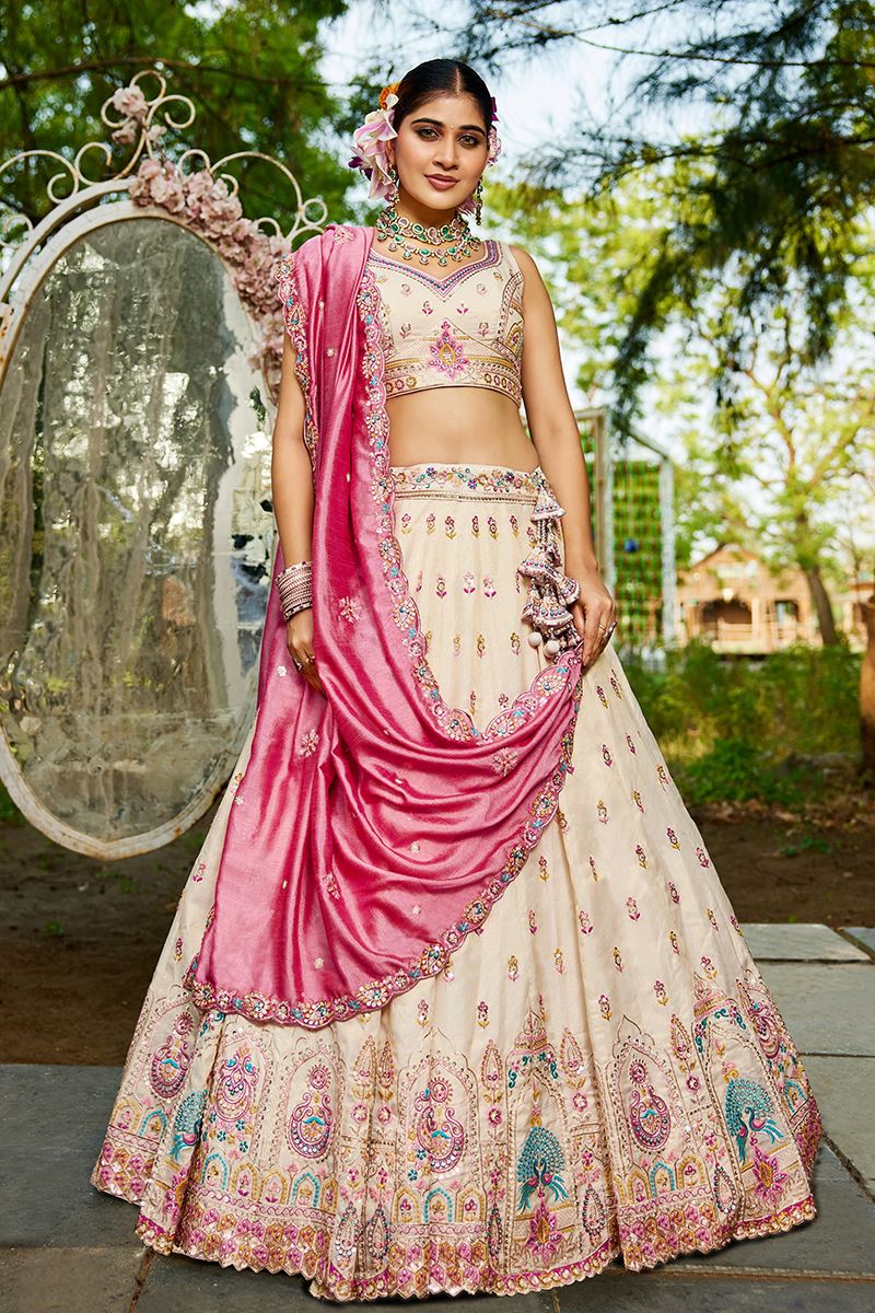 Glorious Cream Designer Indo-Western Lehenga Choli for Engagement, Wedding, and Reception